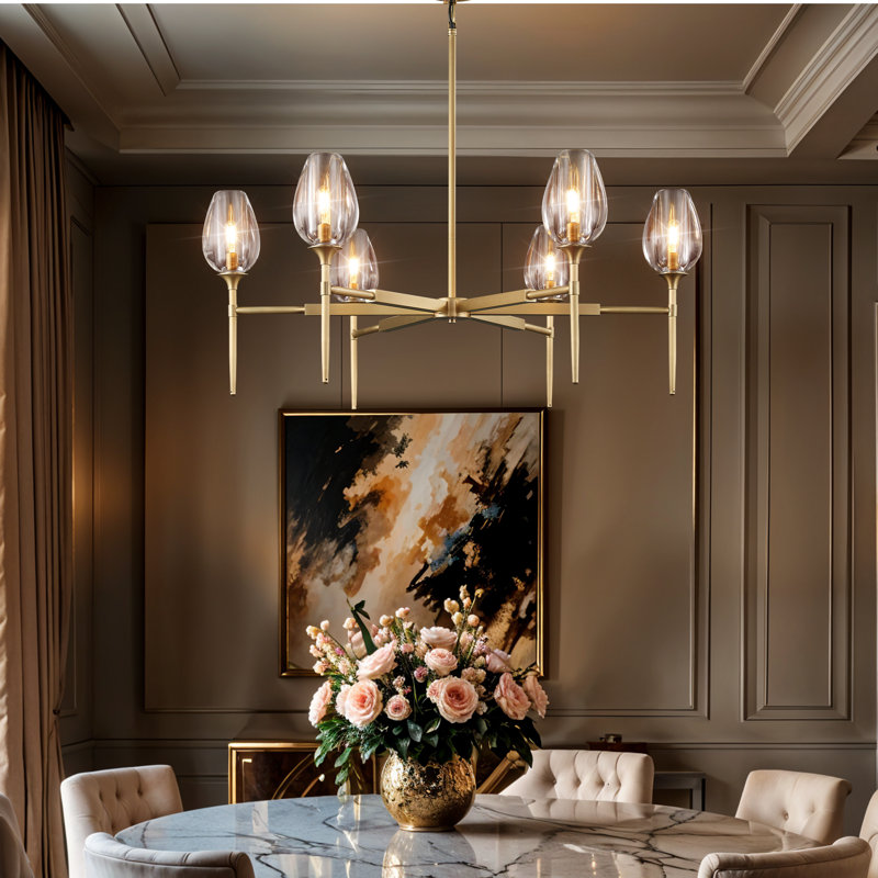 42" Modern 6-Light Chandelier with Cylinder Glass Shades for Living Room, Dining Room, Brass