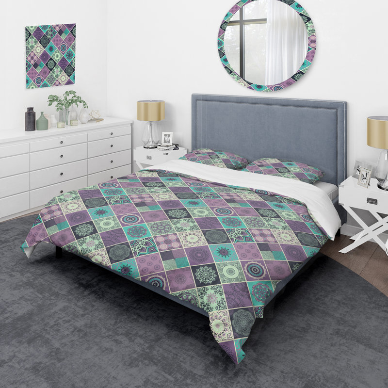 Patchwork vert et mauve - ensemble de housse de couette abstrait - microfibre de polyester