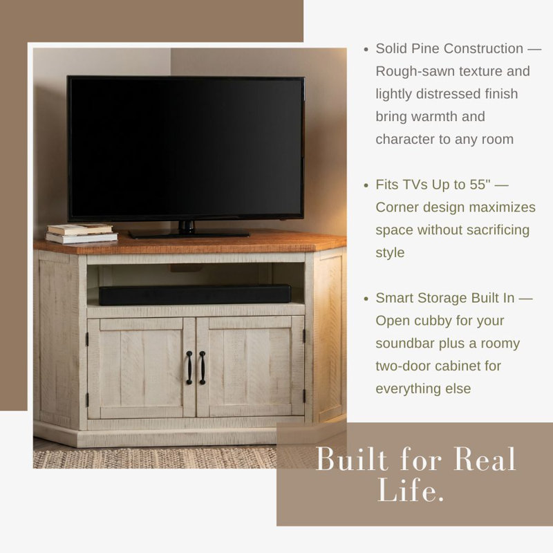 Kinsella 50" Solid Wood Corner TV Stand with Storage, Antique White/Honey Tobacco