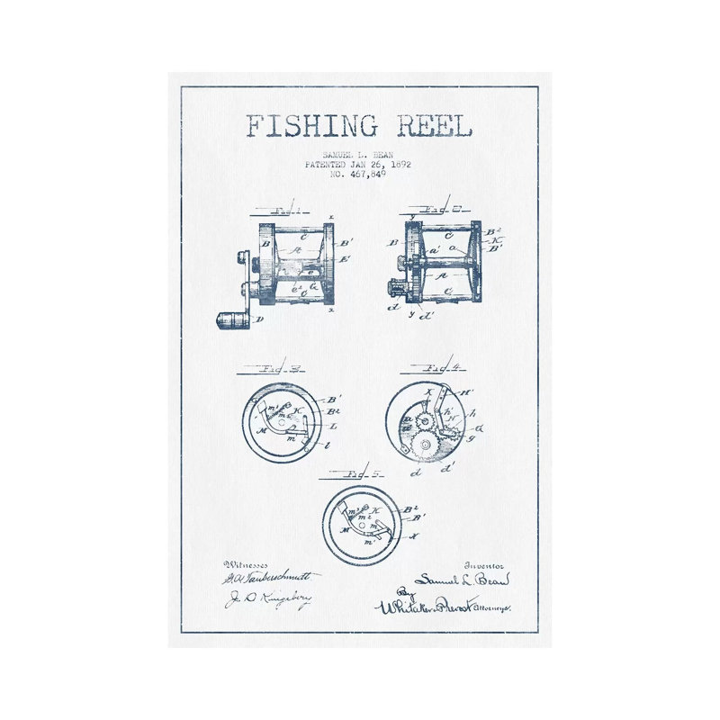 Samuel L. Bean Fishing Reel Patent Sketch (Ink) by Aged Pixel - Wrapped Canvas Print, 20.32 cm H x 30.48 cm W x 1.91 cm D