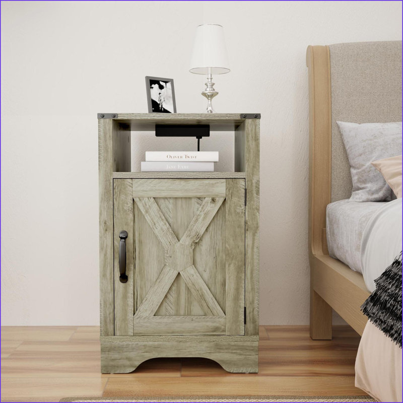 Table de chevet rustique avec station de charge Farmhouse - gris clair, Gris clair