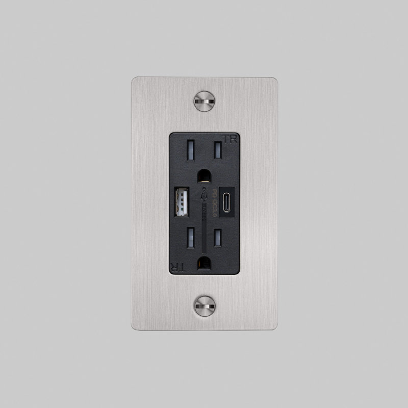 1G Combination Duplex Outlet And USB-A + C Charger / Without Logo, Stainless Steel