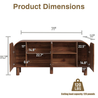 71'' Wood Fluted Sideboard 4 Door Accent Cabinet With Curved Edge