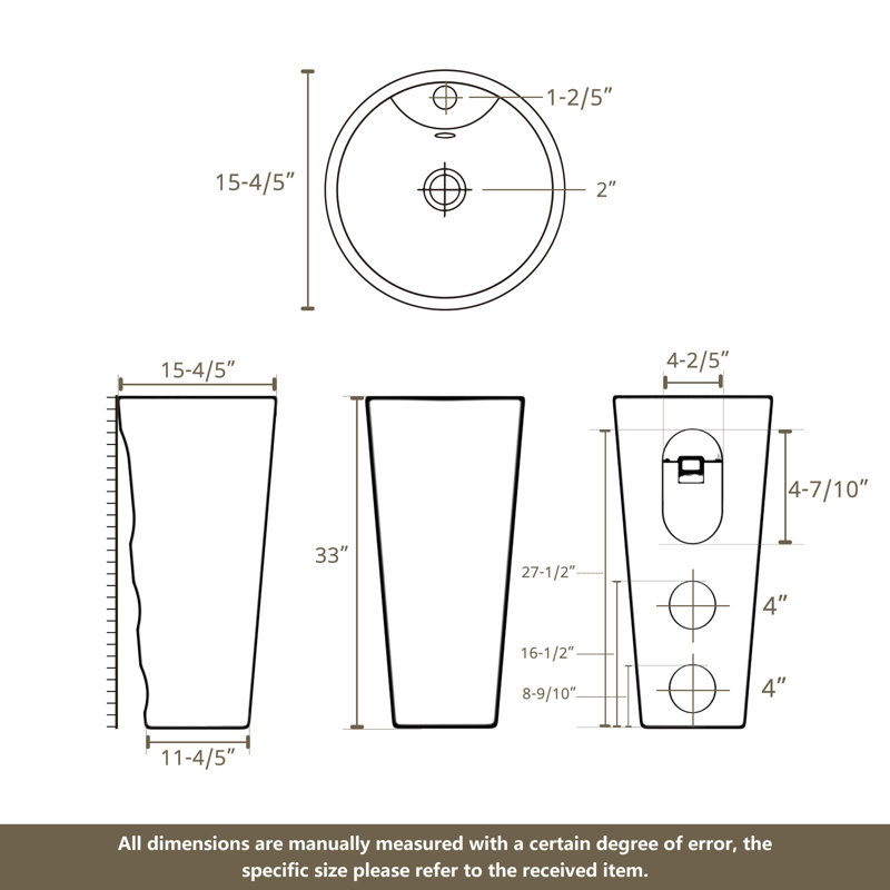 Contemporary 33＂Tall Circular Pedestal Sink, One-Piece Vitreous China Modern Pedestal Sink With Overflow For Bathroom, Gold