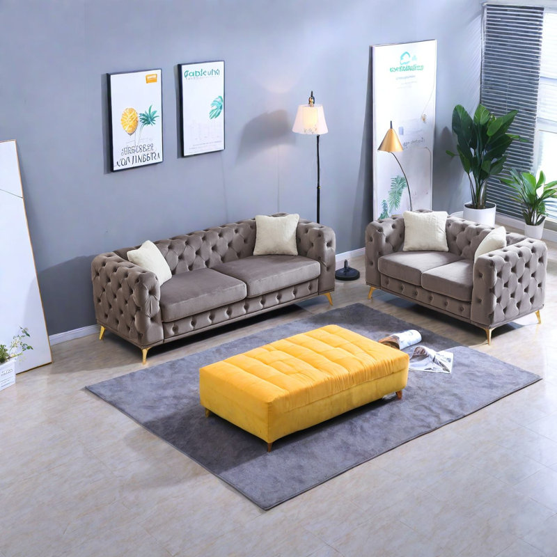 Ensemble de canapé en velours luxueux et confortable de style Chesterfield moderne, idéal pour le salon et le bureau