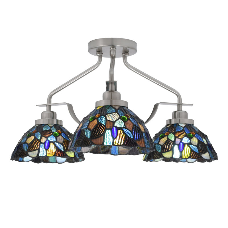 Odyssey 3 Light Semi-Flush Shown With 7" Blue Mosaic Art Glass, Nickel brossé