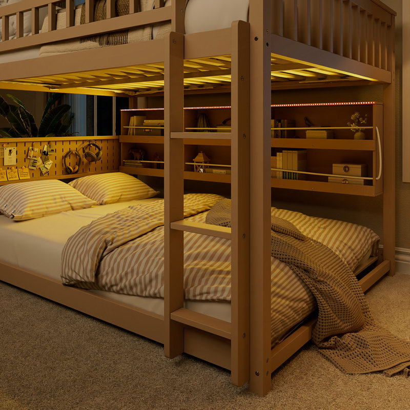 Full Over Full Bunk Bed With Integrated Shelving, Color-Changing Lights And Pegboard, Beige