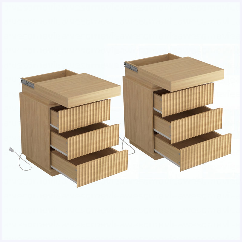 (Ensemble de 2) Tables de chevet naturelles avec station de charge et lumières DEL, tables de chevet à panneau ondulé cannelé avec rangement caché pour le salon de la chambre à coucher