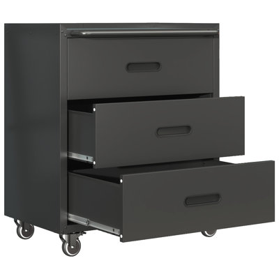 Metal Storage Cabinet With 3 Drawers And Wheels - Garage, Office, Home. Steel, Black. 360 Rotatable Wheels. Ample Storage. 200Lb Load-Bearing Capacity Heavy-Duty Robust Steel Construction, Rotating &