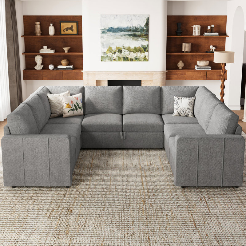 Grand canapé modulaire en U Seybert, Chenille gris pâle