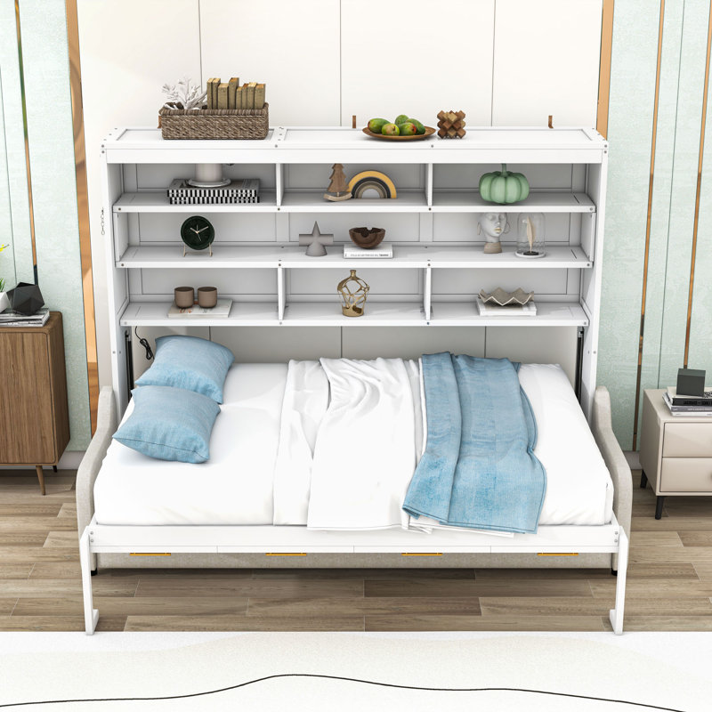 Lit escamotable avec canapé Murphy, tablettes de rangement intégrées et éclairage DEL, Double