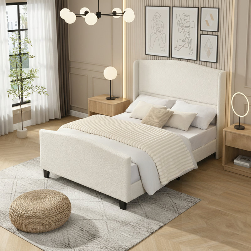 Bed Frame with High Back Upholstered Headboard, Full, White