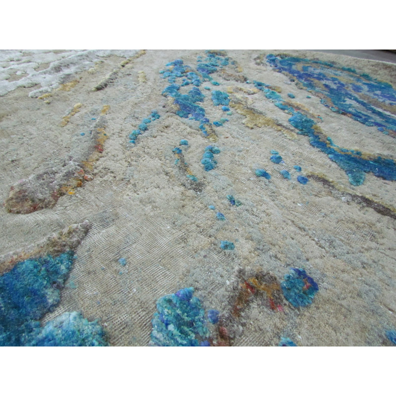 Odyssey Modern Clouds Ocean Coastal Distressed Beige Turquoise Aqua White Wool and Natural Silk Hand-Knotted Area Rug