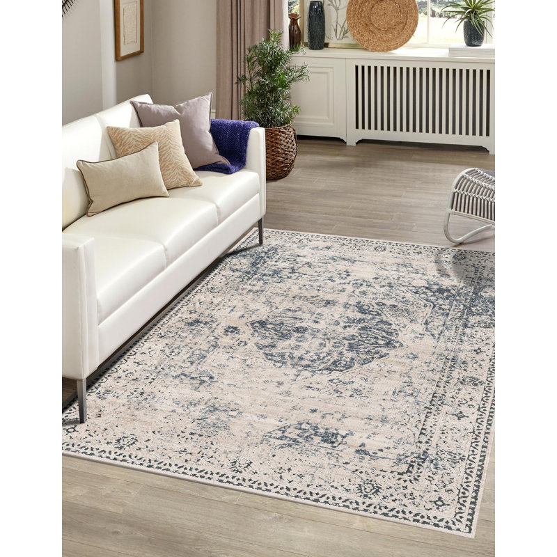 Arkeen Oriental Dark Blue/Beige/Ivory/Gray Area Rug, Rectangle 7'1" x 10'
