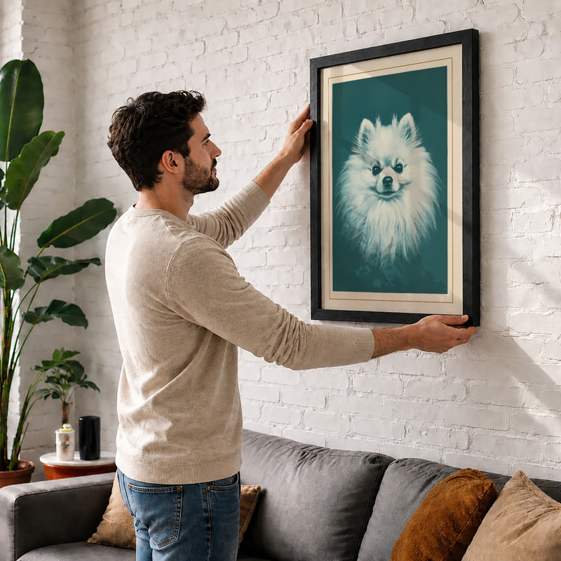 Pomeranian Portrait Minimalist - Framed Print, A1 - 84.1 x 59.4 cm, Oak