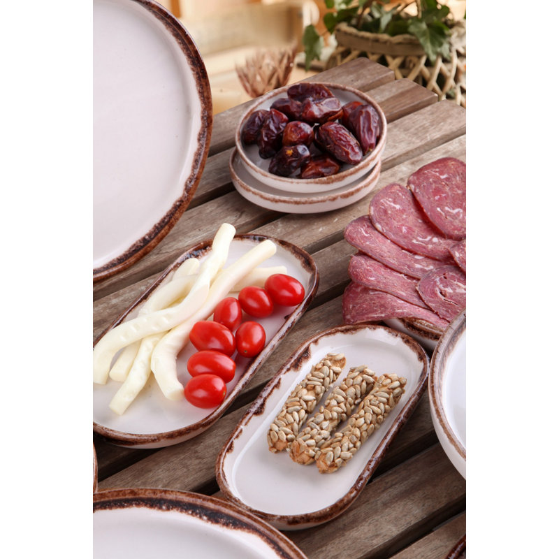 14-Piece Ceramic Breakfast Set, Brown & White | Includes 6 Plates (7.5 in), 2 Platters (9.8 x 4.3 x 1.4 in), 6 Bowls (4.1 x 4.1 x 1.4 in, 5.1 fl oz) | Dishwasher Safe | Elegant & Functional Dining Experience