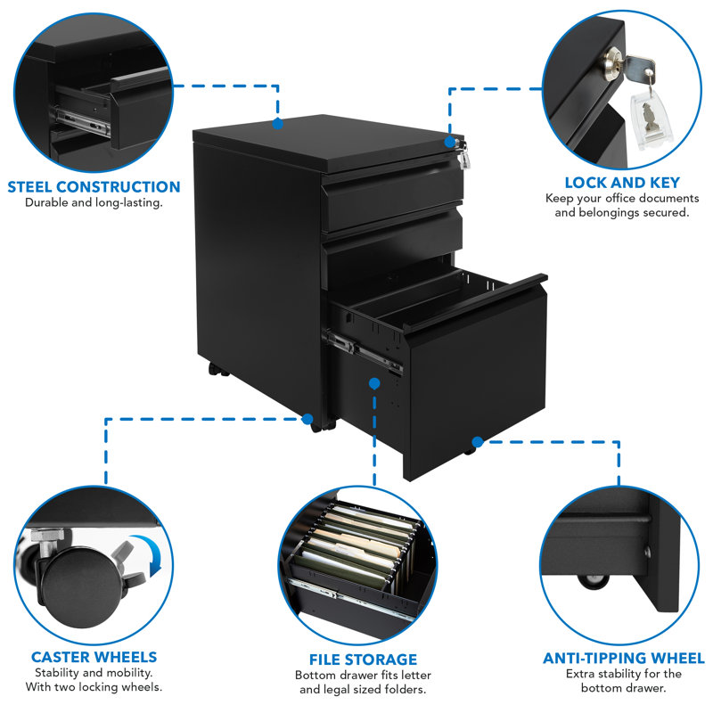 Black Mobile 3 Drawer Lockable Pedestal File Cabinet