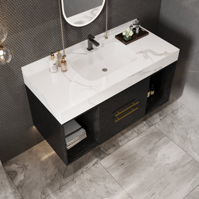 39.4'' W Floating Bathroom Vanity With Ceramic Sink, Modern Wall Mounted Storage Vanity Cabinet With 2 Soft Close Drawers, 2 Storage Spaces And White Slate Top
