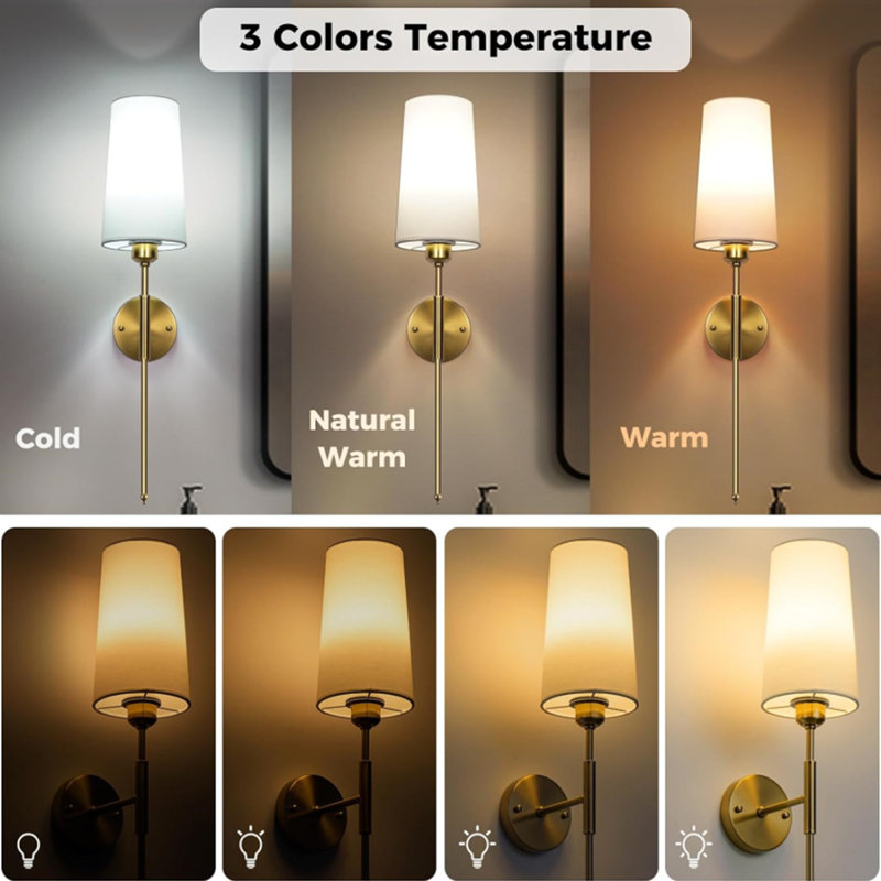 Battery Operated Wall Sconce, Rechargeable Wall Sconce With Remote, Dimmable Wireless Wall Sconces Set Of Two, White Fabric Wall Lamp With Bulbs, No Wiring Gold Wall Light For Bedroom