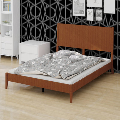 Mid-Century Modern  Sled Platform Bed Frame with Wood Slats and Metal Support