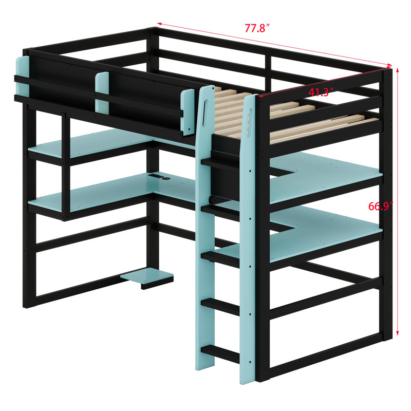 Lit mezzanine tout-en-un avec bureau d'étude, support latéral pour accessoires, grandes tablettes et lumières d'ambiance RVB dynamiques
