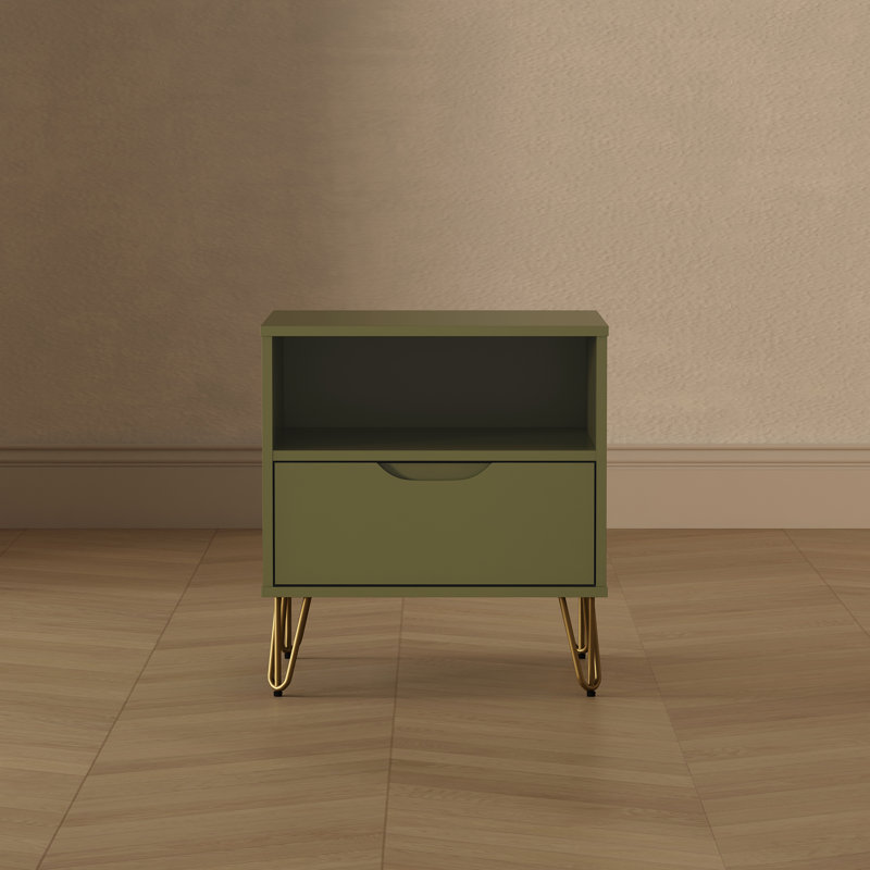 Rockefeller 20" Mid-Century Modern 1-Drawer Nightstand, Olive Green