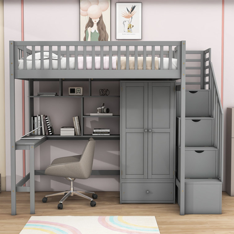 Gonul Wooden Loft Bed With Built-In Desk, Wardrobe and Drawer