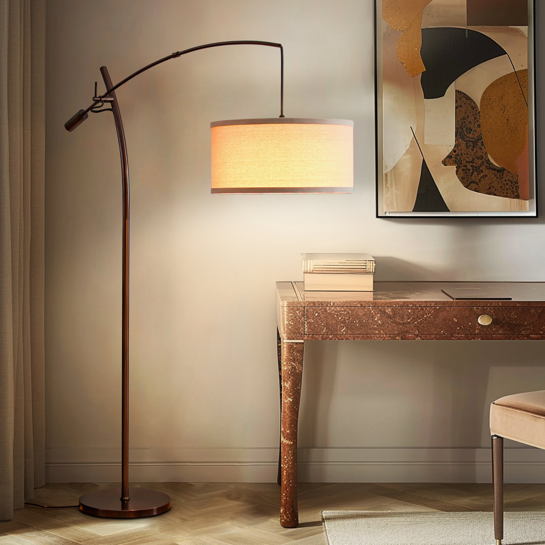 Grayson 84 in. Mid-Century Modern Height-Adjustable LED Arched Floor Lamp with Beige Fabric Drum Shade Brightech Base 