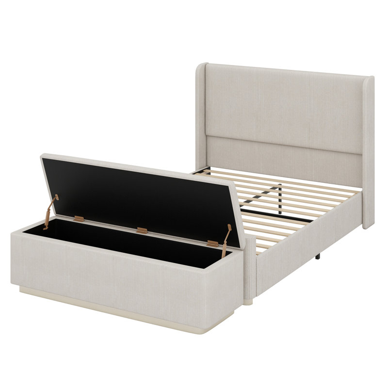 Upholstered Bed Frame With Storage Ottoman, And Vertical Stripe Wingback Headboard And Footboard, Queen, Light Grey