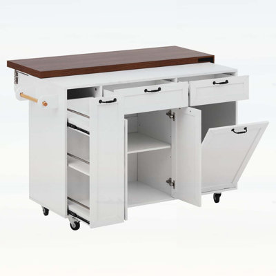 Extendable Kitchen Island with Dining Table,Trash Storage,Spice Rack,and Mobile Wheels for Versatile Use