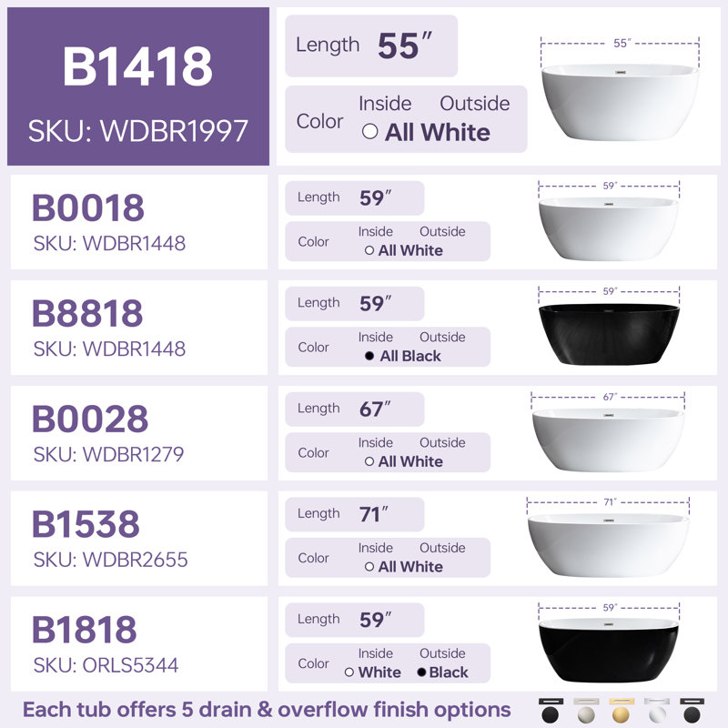 55'' x 31.75'' Freestanding Double Ended Soaking Acrylic Bathtub, White/Matte Black