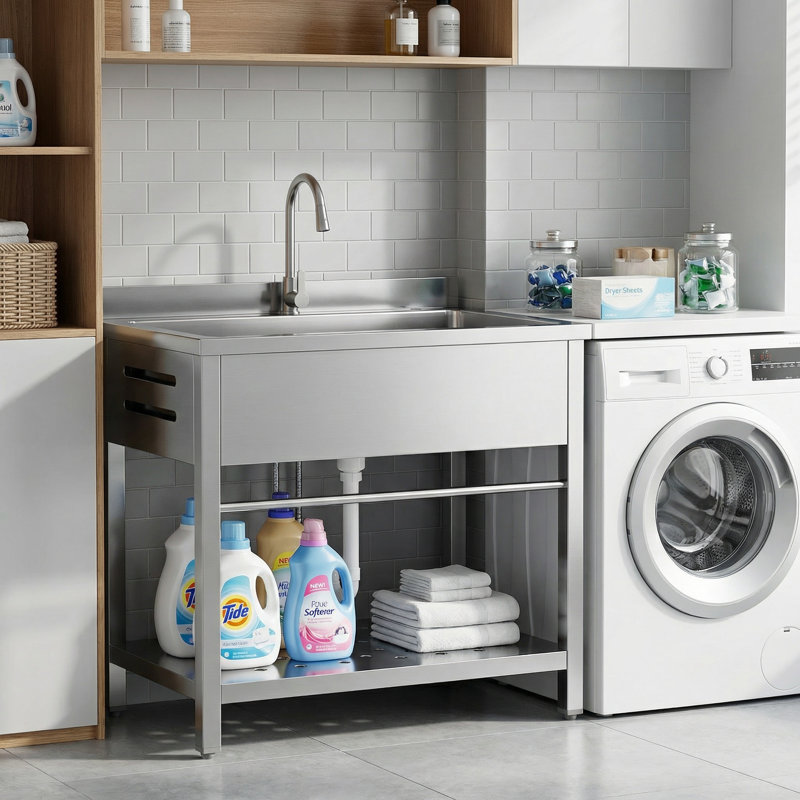 33'' Stainless Steel Utility Sink, Free Standing Laundry Tub For Laundry room, Workshop, Garage, Greenhouse, Pet Care
