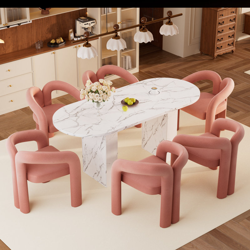Ensemble de table de salle à manger 62,9 pouces, Blanc, 7 pièces : table, 6 chaises, Rose