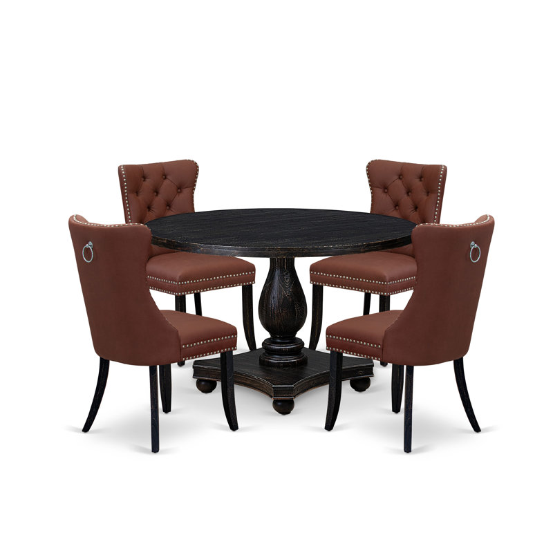 5 Piece Dining Table Set Includes a 48" Round Table with Pedestal and 4 Burgandy Polyester Fabric Upholstered Chairs, Sand Blasted Black