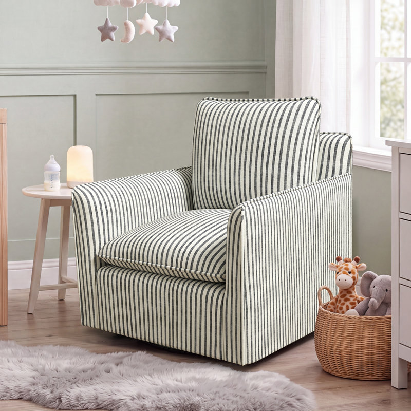 Kandyn 29.7" W Modern Soft Stripe Upholstered Swivel Barrel Chair with Removable Cushion, Blue Polyester