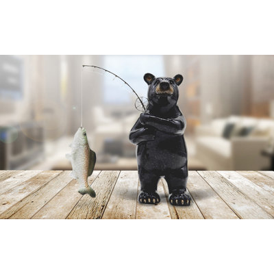 Jennavive 6.5"H Black Bear Fishing with Fish Rod Statue
