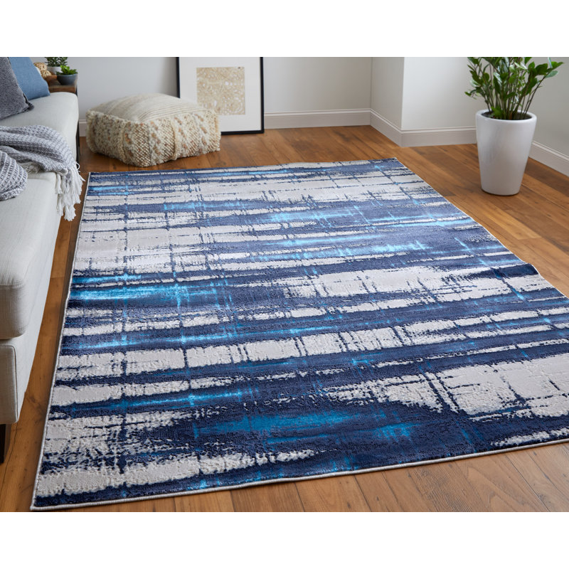 Tapis abstrait rectangulaire tissé à la machine 2 pi x 3 pi en polyester ivoire / bleu / gris Mallinson