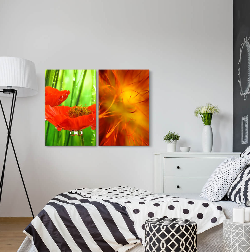 2-tlg. Leinwandbilder-Set - Fotografie „Flowers Red Green Drops Orange Refreshing”