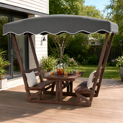 Outdoor Waterproof Solid Wood Picnic Table & Bench Set with Removable Canopy, All-Weather Rectangular Wooden Dining Set for Patio, Garden, Deck, Park & Beach