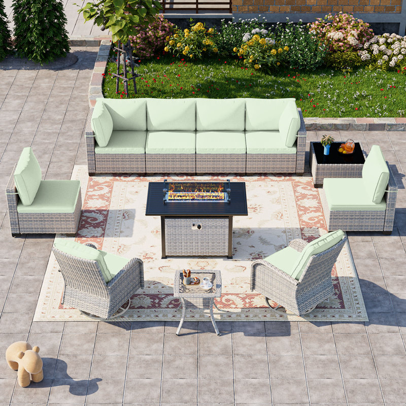 11-Piece Patio Furniture Set, Outdoor Patio Furniture with 55,000 BTU Fire Pit Table, Swivel Chairs Set, Thick Cushions, Modular Patio Sofa, Dual-Strand Wicker Rattan, Rust-Resistant Frame