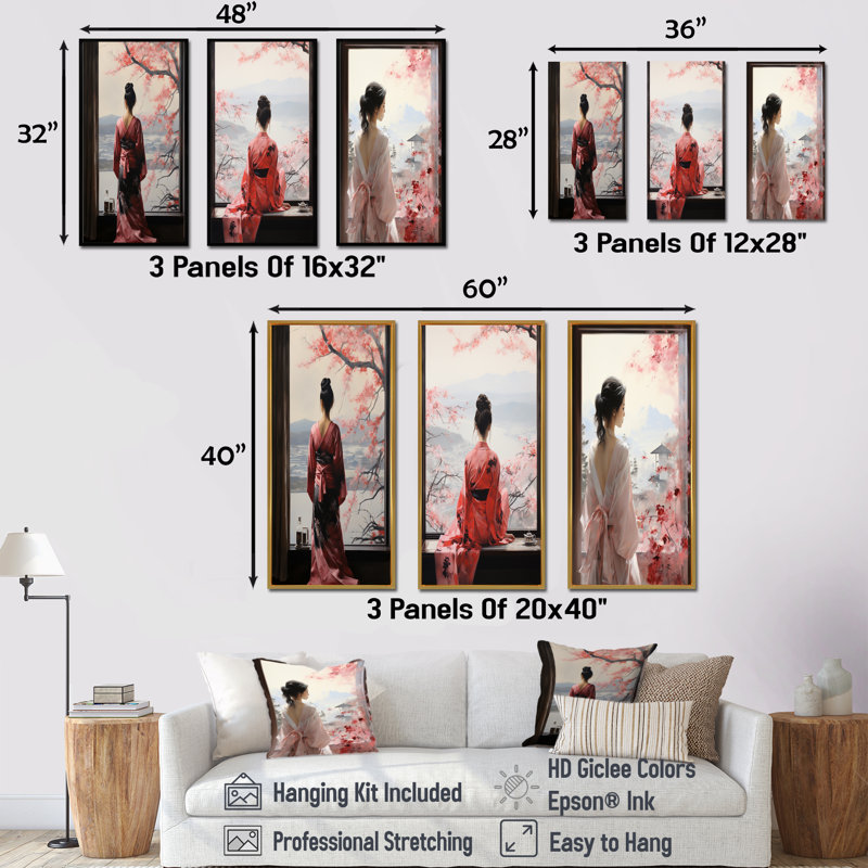Ensemble de 4 décorations murales roses japonaises avec fenêtre, Cadre flottant noir, H 28 po x l 36 po