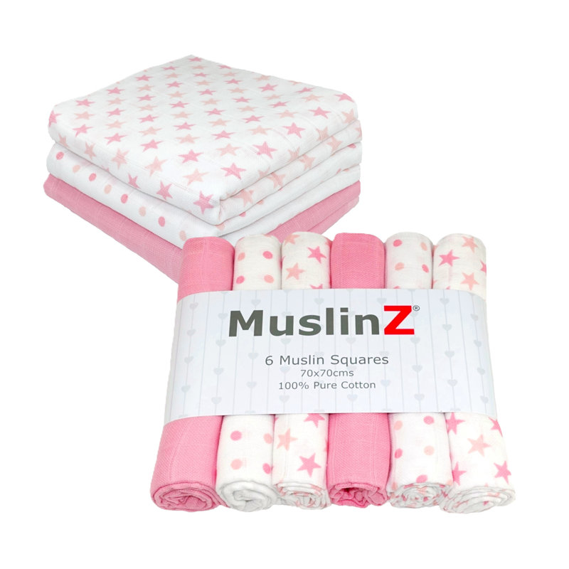 Losurdo MuslinZ Baby Muslin Squares 100% Cotton, Pink Star