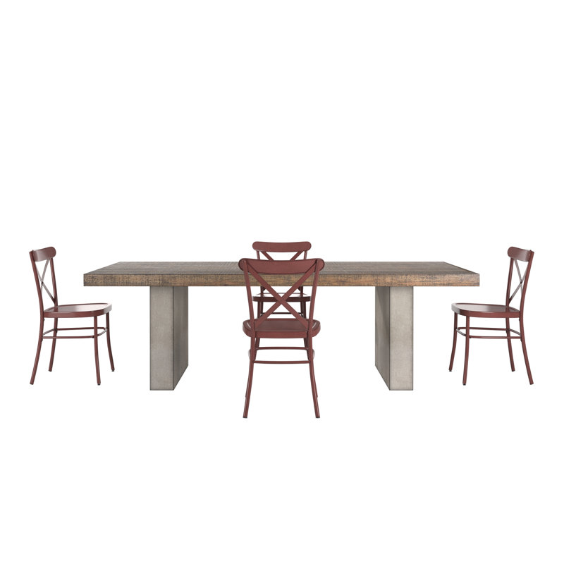 Savannah Reclaimed Finish Wood Top With Concrete Veneer Base Dining Table And X-Back Metal Chairs Set, Red