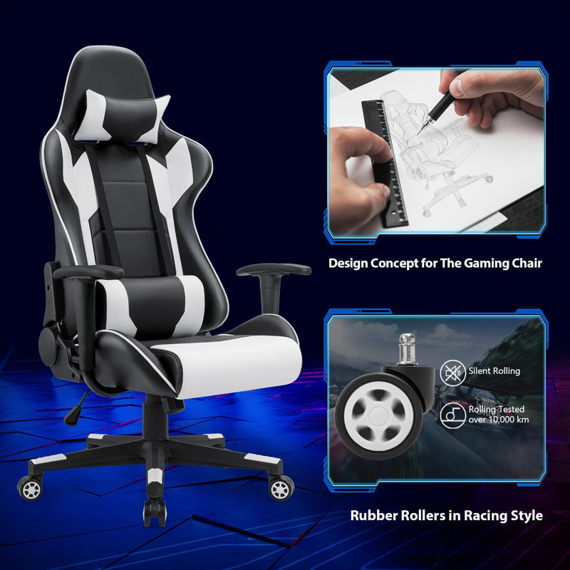 Inbox Zero Adjustable Reclining Leather Swiveling PC & Racing Game Chair, White