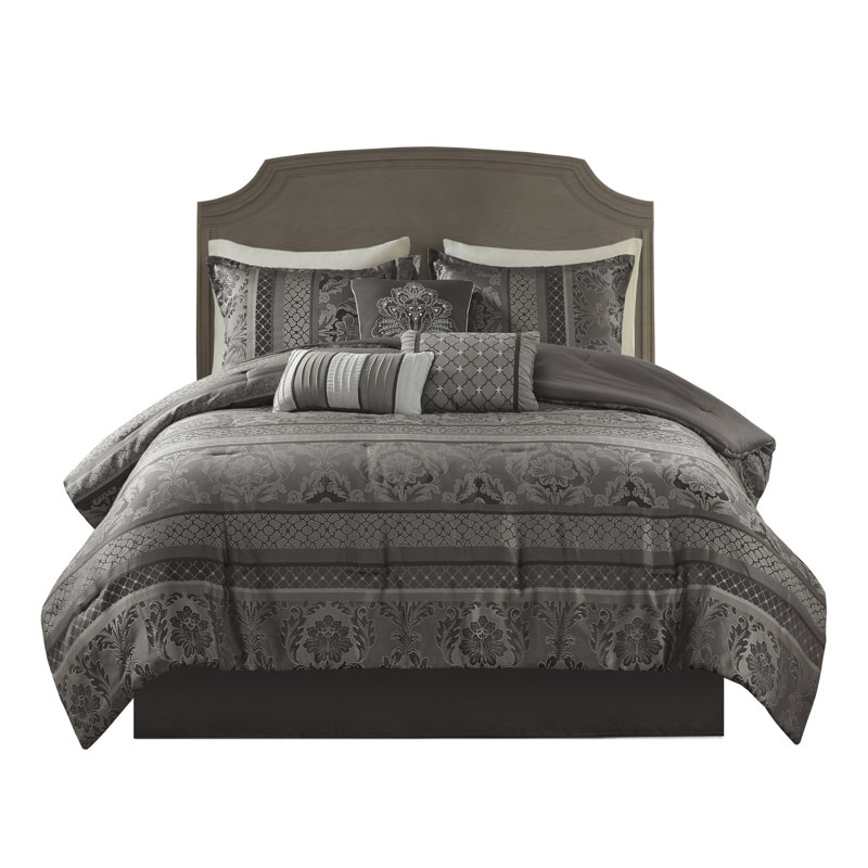 Édredon gris pour grand lit - 7 pièces avec rayures et literie, Édredon grand + 6 pièces supplémentaires inclus, Gris