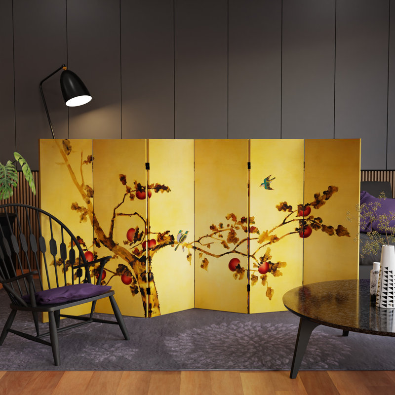 Cloison pliante 6 panneaux l 94,5 po x H 48 po Halford, Gold with Bird and Branch