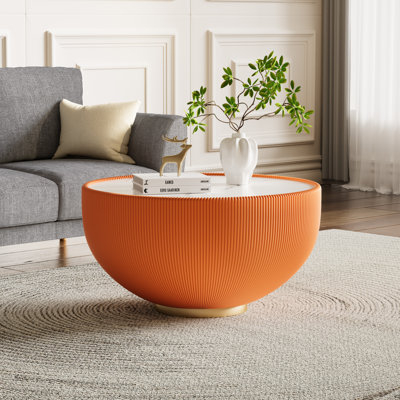 Modern Round Coffee Table, 27.55" Bowl Shaped Fluted Coffee Table with White Top & PU Leather Covered & Gold Metal Base Modern Coffee Cocktail Center Tables for Living Room