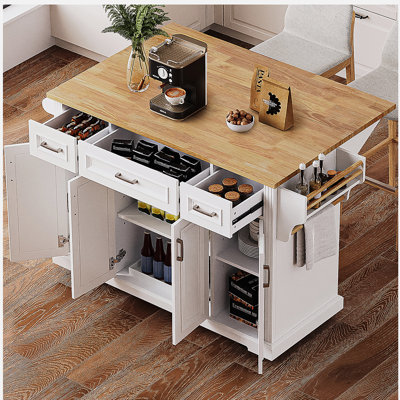 Îlot de cuisine de 54 pouces à grande capacité avec plateau tournant en chêne, 4 roues, 4 portes, 3 tiroirs, gris et bleu
