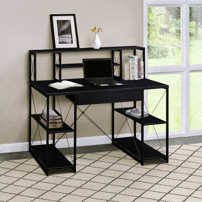 Bureau noir avec tablettes ouvertes et pour le bureau - rangement spacieux à 1 tiroir et 8 compartiments