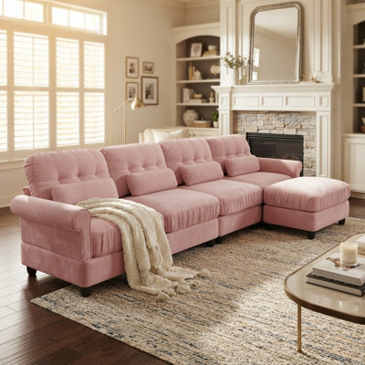 Ensemble de salon modulaire 5 pièces en chenille avec canapé 4 places et pouf, assises profondes et accoudoirs arrondis, rose poudré